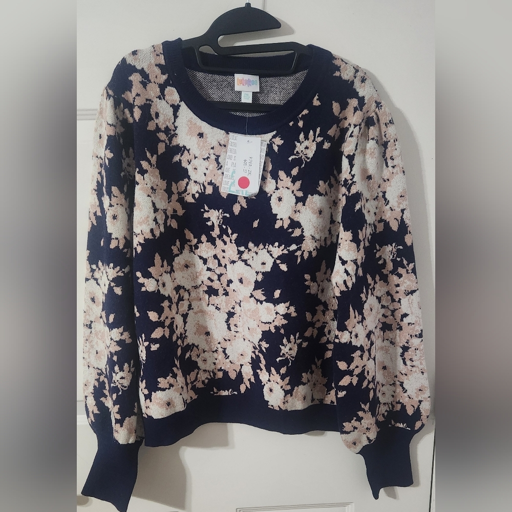 LuLaRoe Piper Sweater Blue Pink White Roses 🌹 Balloon Sleeves 2xl NWT 🦄